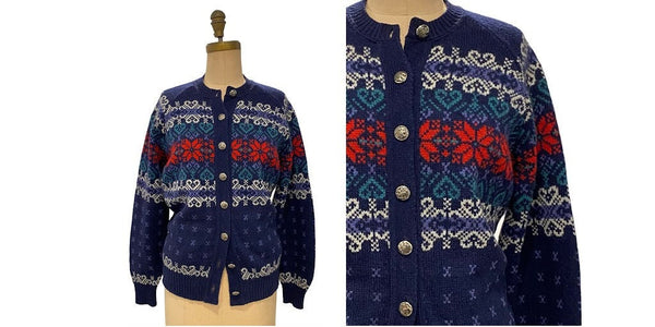1970s Nordic style poinsettia and heart design cardigan | large - xlarge