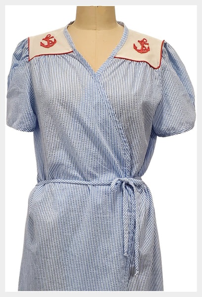 1960s blue and white striped nautical seersucker wrap robe / dressing gown | small