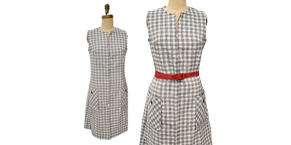 1960s navy and white plaid zipper front shirtdress | medium