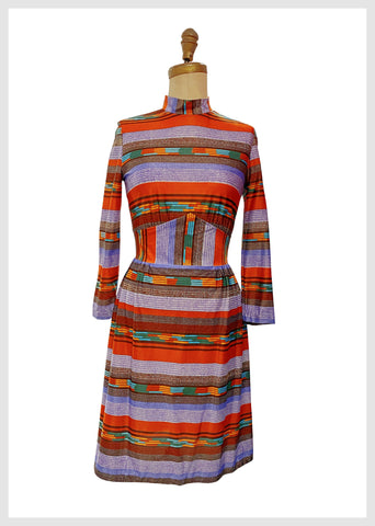 1970s orange, lavender, aqua, green, brown and white striped GG2 office dress | size small