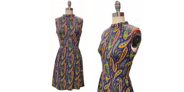 1960s mod paisley print dress | 60s sleeveless Mindy Malone dress | Size S