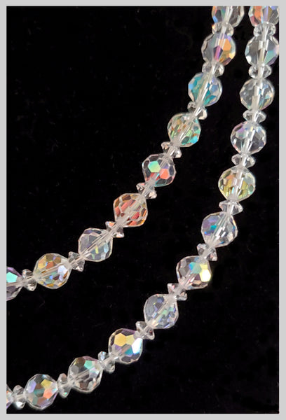 Vintage 1950s double strand faceted Aurora Borealis crystal beaded necklace with rhinestone clasp