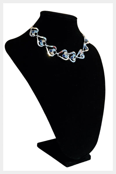 Midcentury 1950s Coro signed heart design linked silver and rhinestone choker necklace