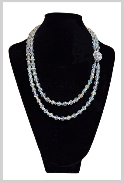 Vintage 1950s double strand faceted Aurora Borealis crystal beaded necklace with rhinestone clasp