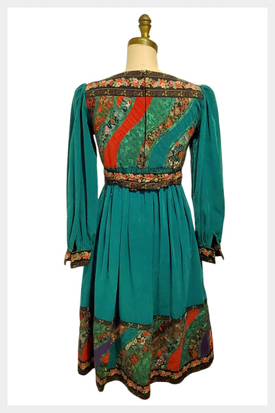1970s green corduroy dress with floral appliques peasant dress