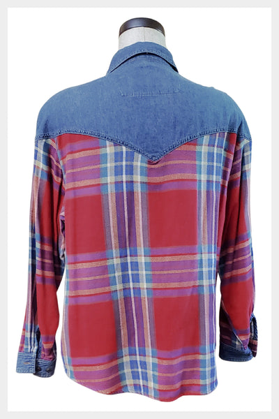 Vintage 80s Denim & Red Plaid Long Sleeve Western Shirt