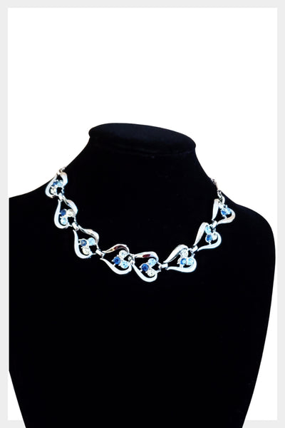 Midcentury 1950s Coro signed heart design linked silver and rhinestone choker necklace